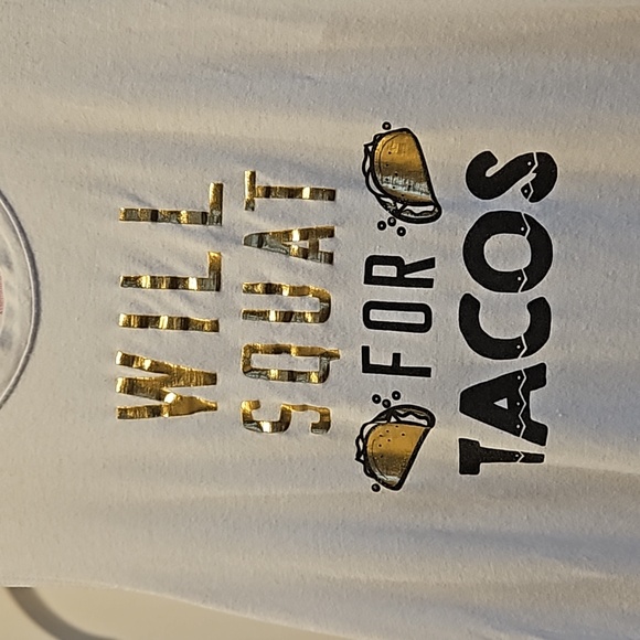 Miken Flow WILL SQUAT FOR TACOS Tank Top Sleeveless Womens Medium White Gold - Picture 4 of 12